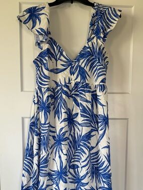 Medium Blue Palm Print V-Neck Sundress